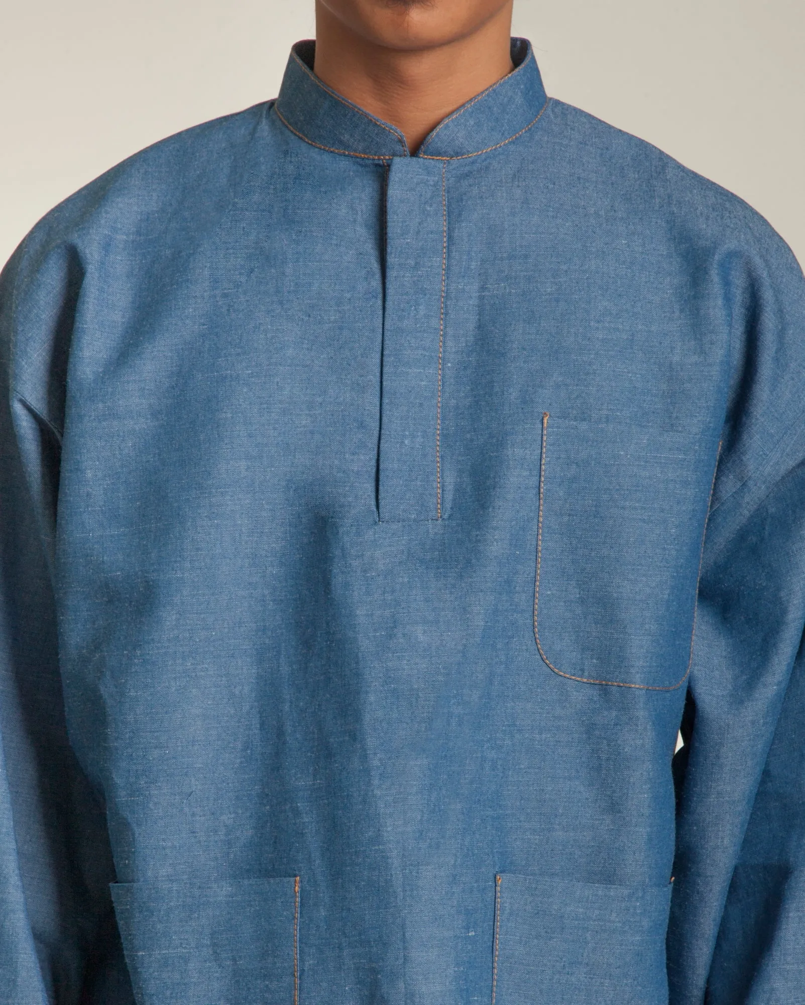 Linen Denim Baju Melayu Set (Steel Blue)