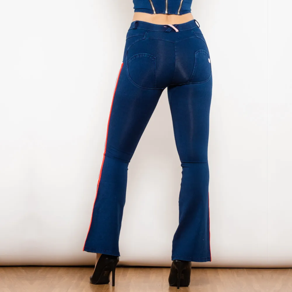 Mid Waist Dark Thread Blue Flare Jeans with Stripe