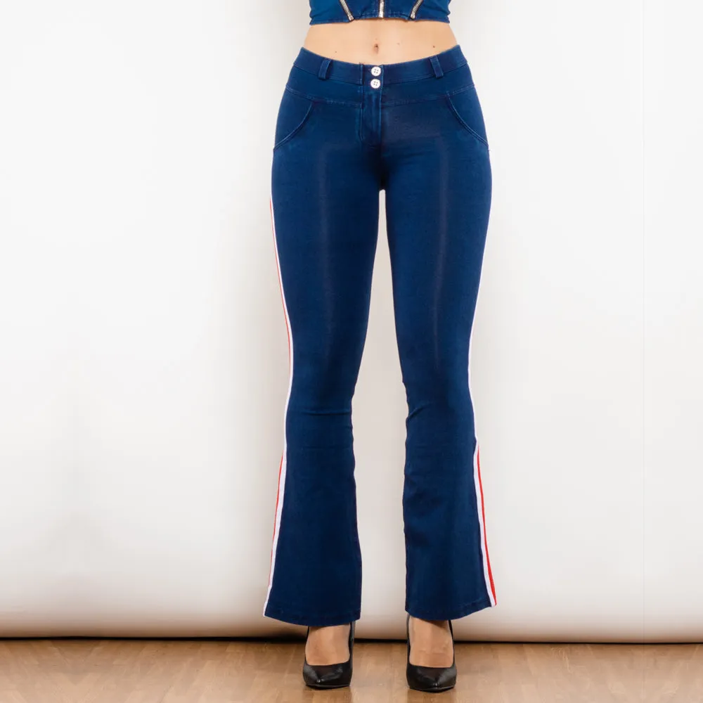 Mid Waist Dark Thread Blue Flare Jeans with Stripe