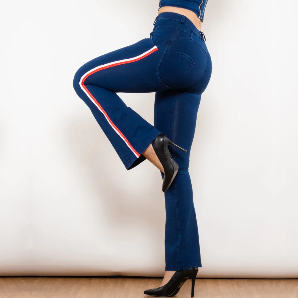 Mid Waist Dark Thread Blue Flare Jeans with Stripe