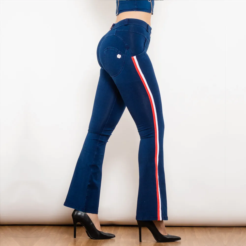 Mid Waist Dark Thread Blue Flare Jeans with Stripe