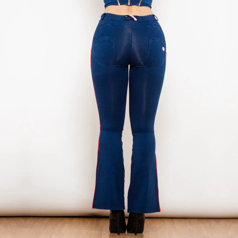 Mid Waist Dark Thread Blue Flare Jeans with Stripe