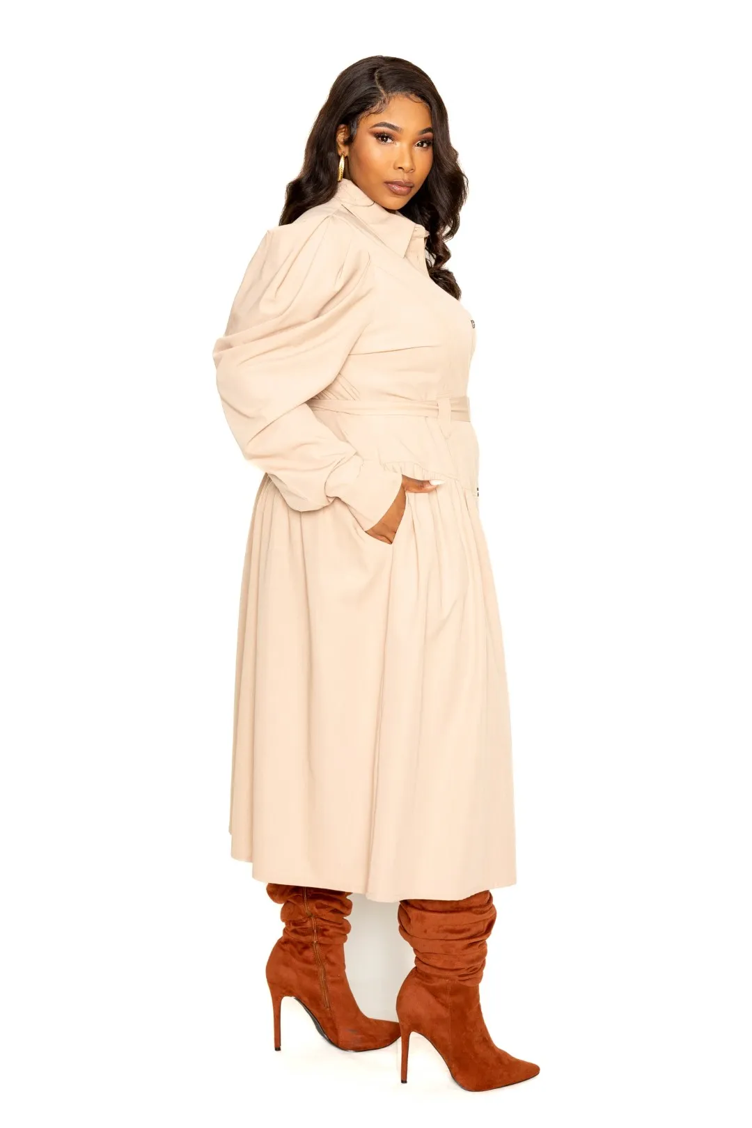 Puff Sleeve Trench Jacket Dress Voluptuous ( ) Plus Size - 2 colors - Ships from The US