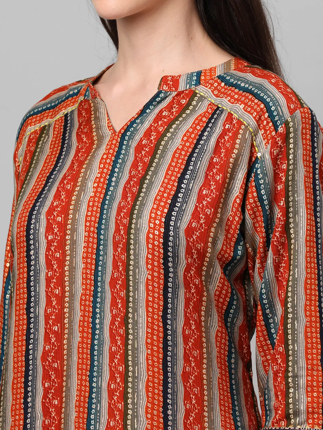 Rust Multi Stripe Printed Kurta With Harem Pant