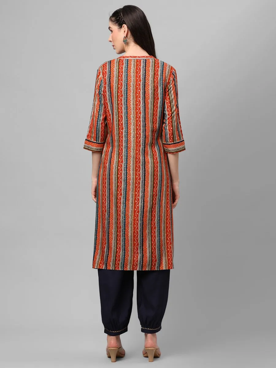 Rust Multi Stripe Printed Kurta With Harem Pant