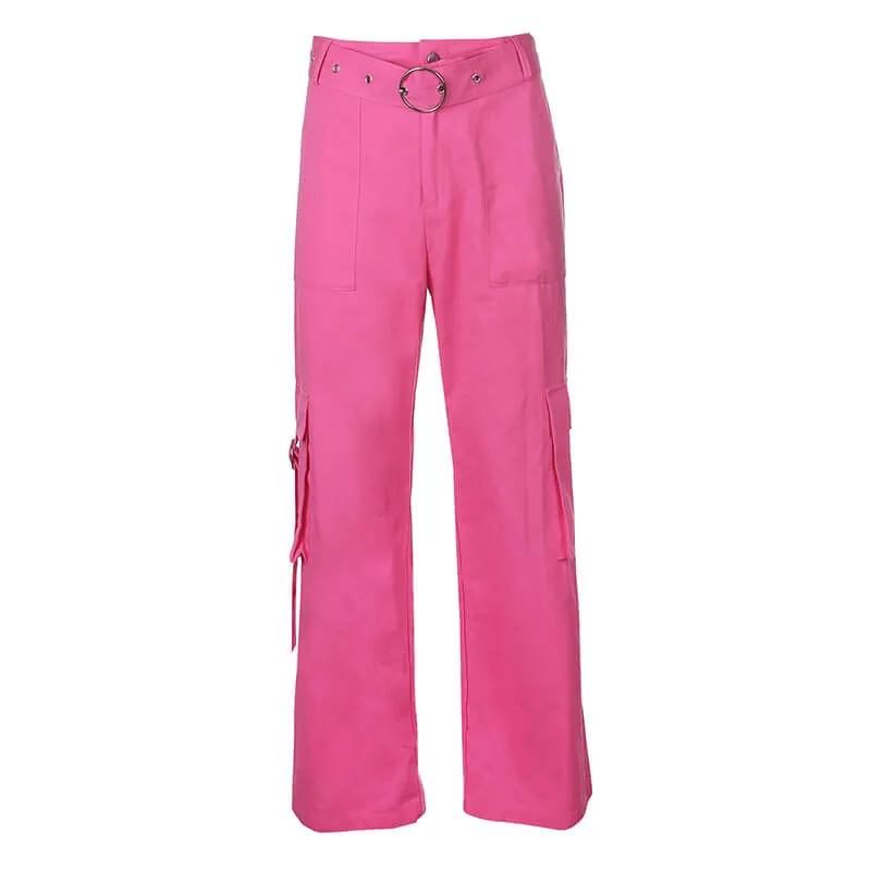 STREET FASHION PASTEL PINK HIGH WAIST POCKET PANTS BY55522