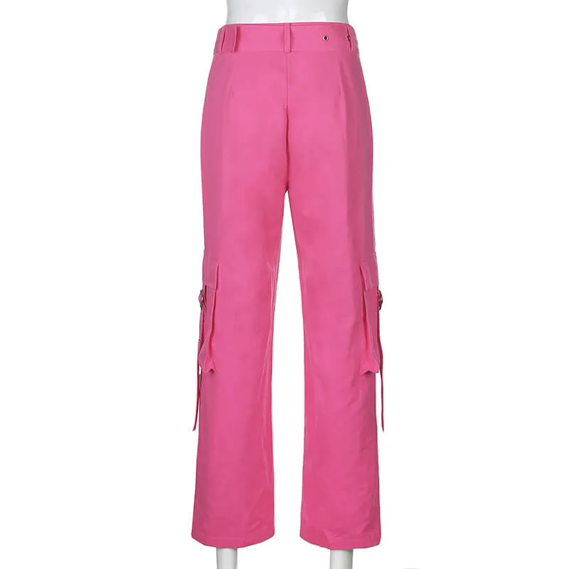 STREET FASHION PASTEL PINK HIGH WAIST POCKET PANTS BY55522