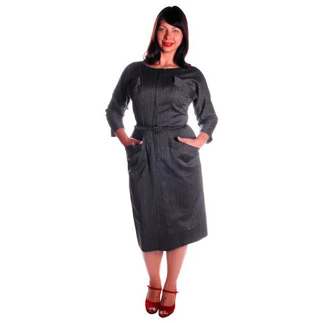 Vintage Charcoal Gray Silk/ Wool Blend Day Dress 1950s 40-31-44 Fitted