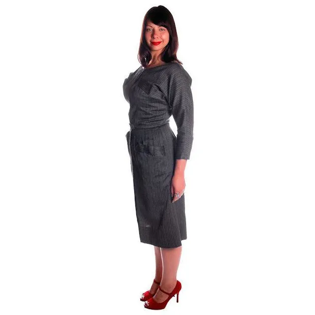 Vintage Charcoal Gray Silk/ Wool Blend Day Dress 1950s 40-31-44 Fitted