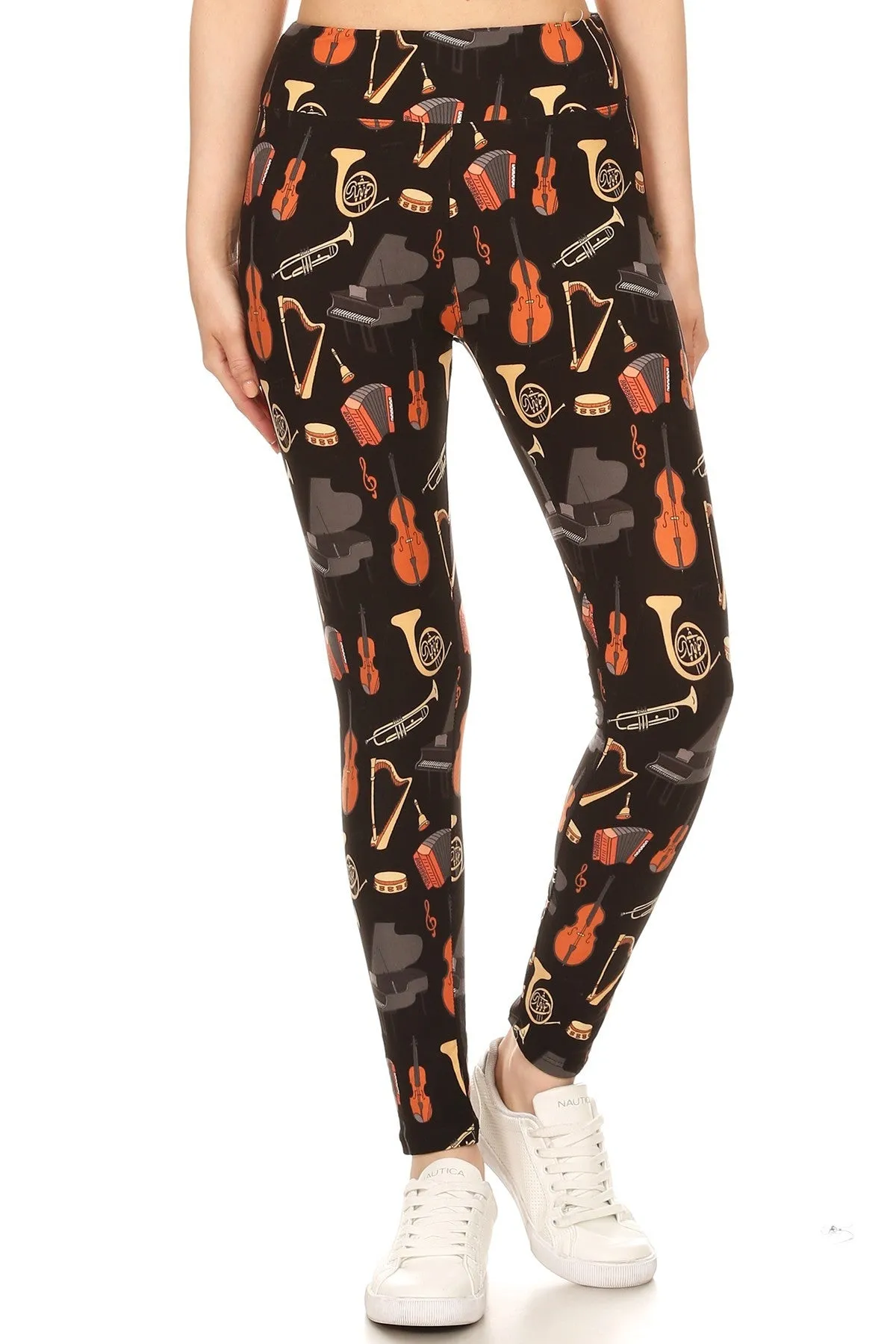 Women Plus High Waist Musical Instruments Printed Yoga Pants Leggings