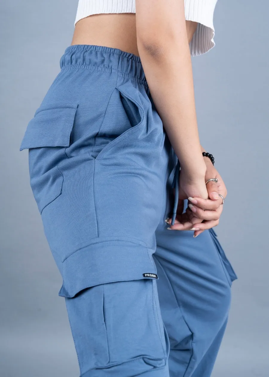 Women Premium Terry Cargo Pants - Teal Blue