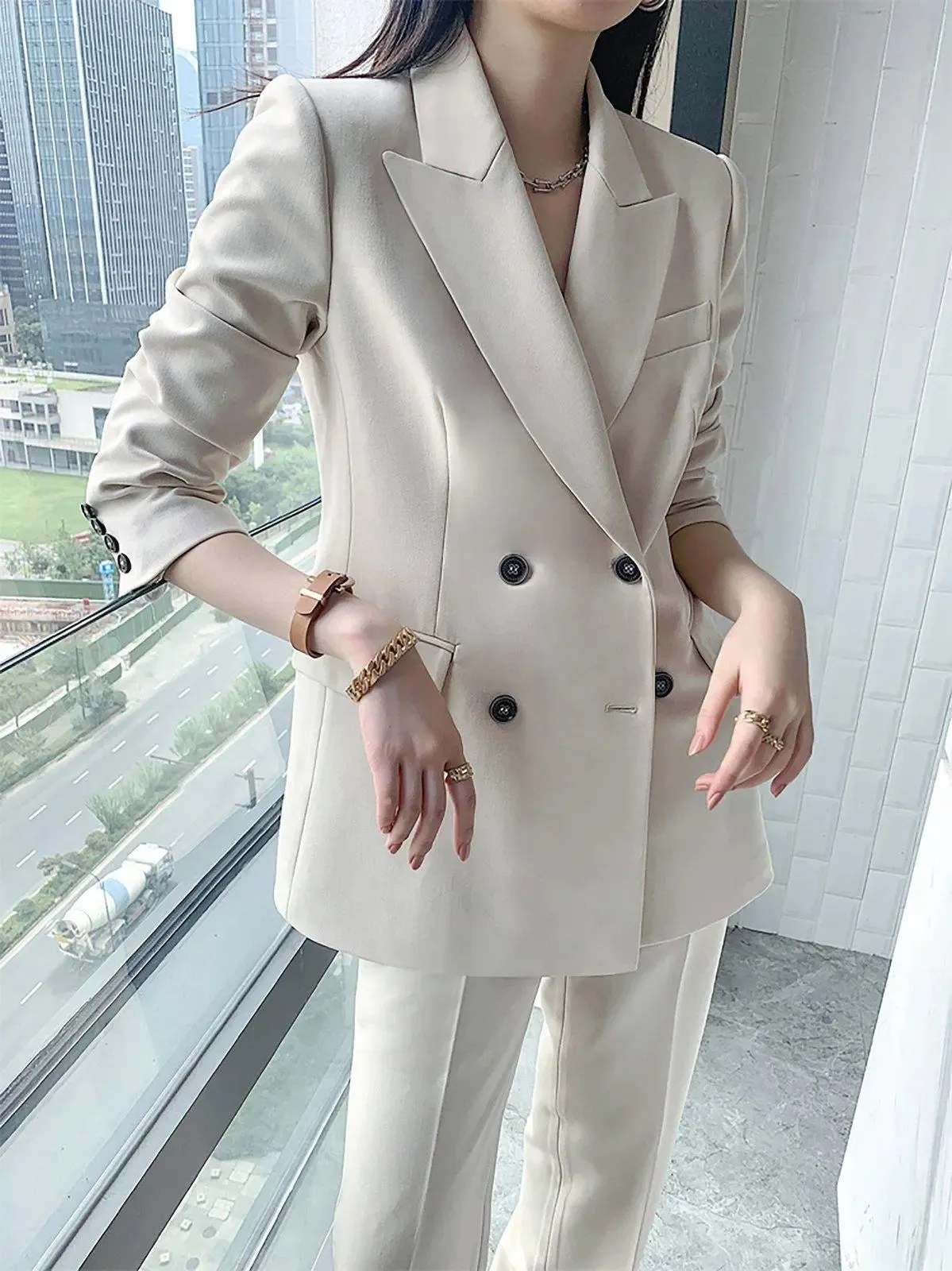 Women's Beige Blazer Suit Wide Leg Pants,Double Breasted Blazer Coat,High Waist Trousers,wedding suit women,Fall Coat Suit,Office Lady wear