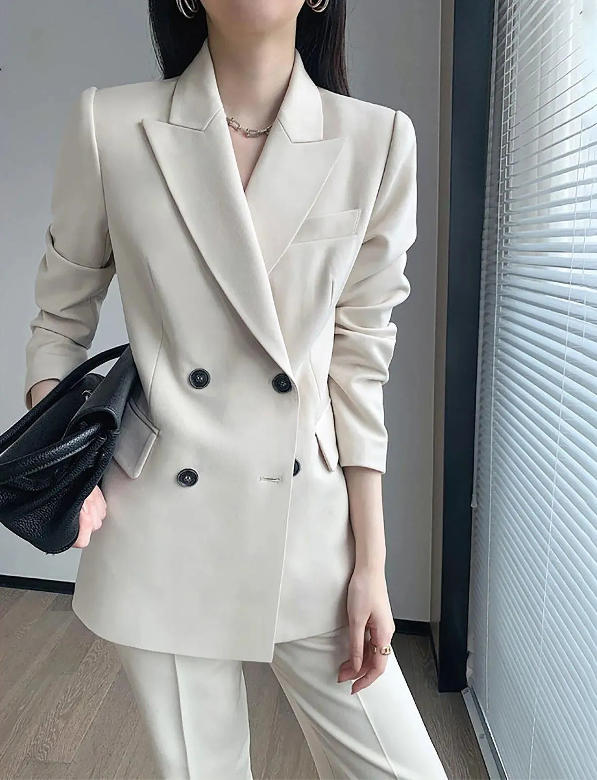 Women's Beige Blazer Suit Wide Leg Pants,Double Breasted Blazer Coat,High Waist Trousers,wedding suit women,Fall Coat Suit,Office Lady wear