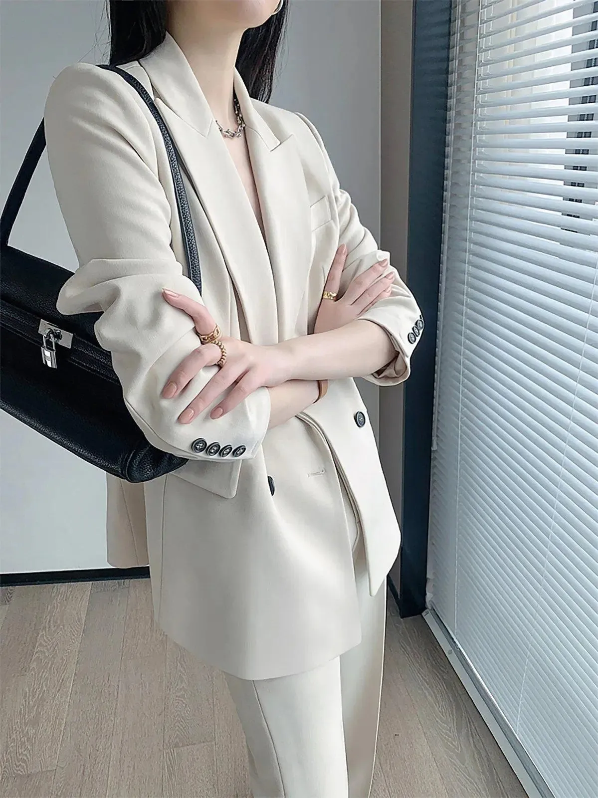 Women's Beige Blazer Suit Wide Leg Pants,Double Breasted Blazer Coat,High Waist Trousers,wedding suit women,Fall Coat Suit,Office Lady wear