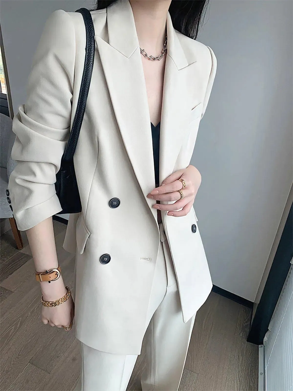 Women's Beige Blazer Suit Wide Leg Pants,Double Breasted Blazer Coat,High Waist Trousers,wedding suit women,Fall Coat Suit,Office Lady wear